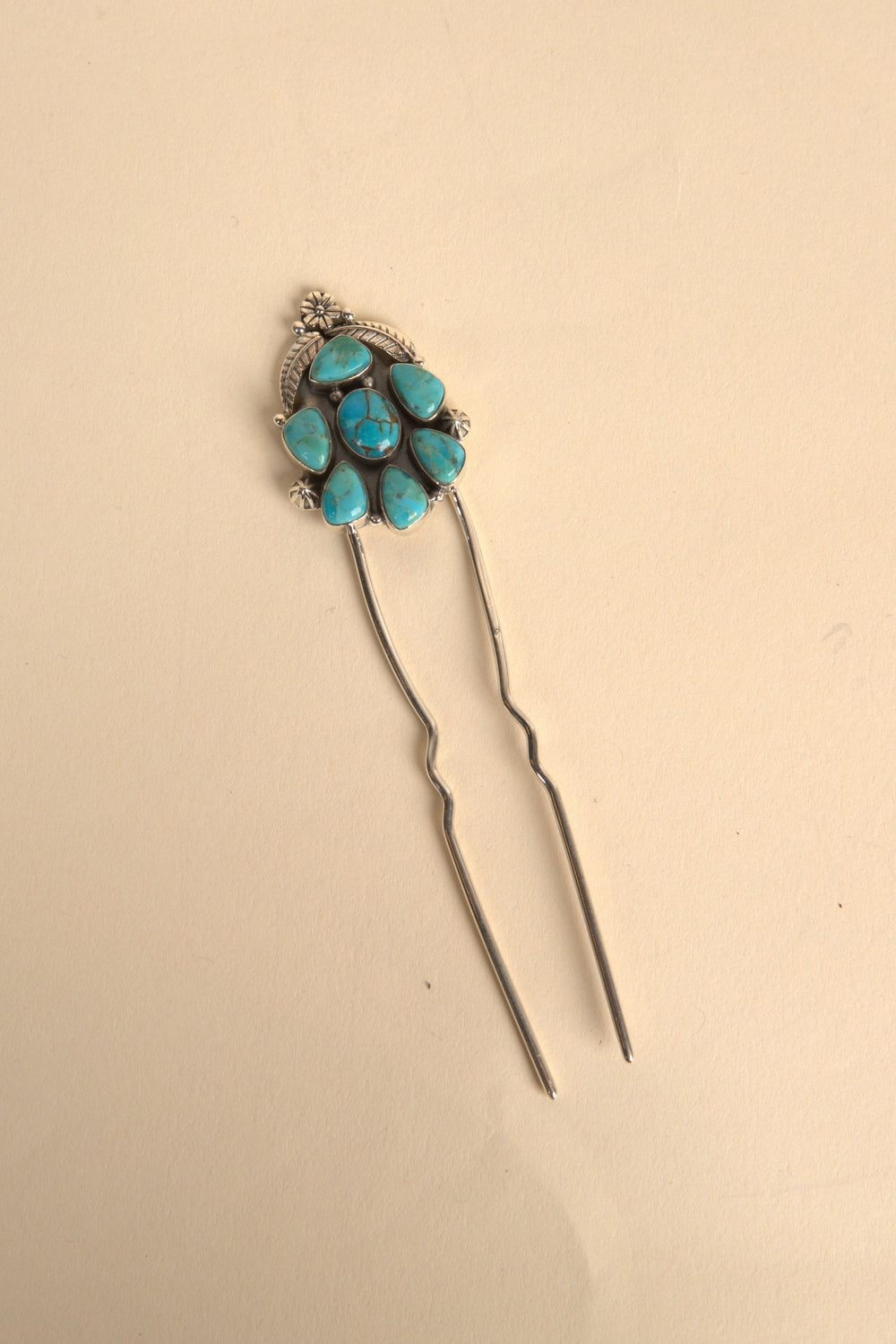 Navajo Handmade 7 Stone Turquoise Hair Pin