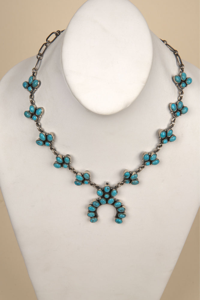 
                  
                    Navajo Handmade Kingman Turquoise Squash Blossom Necklace
                  
                