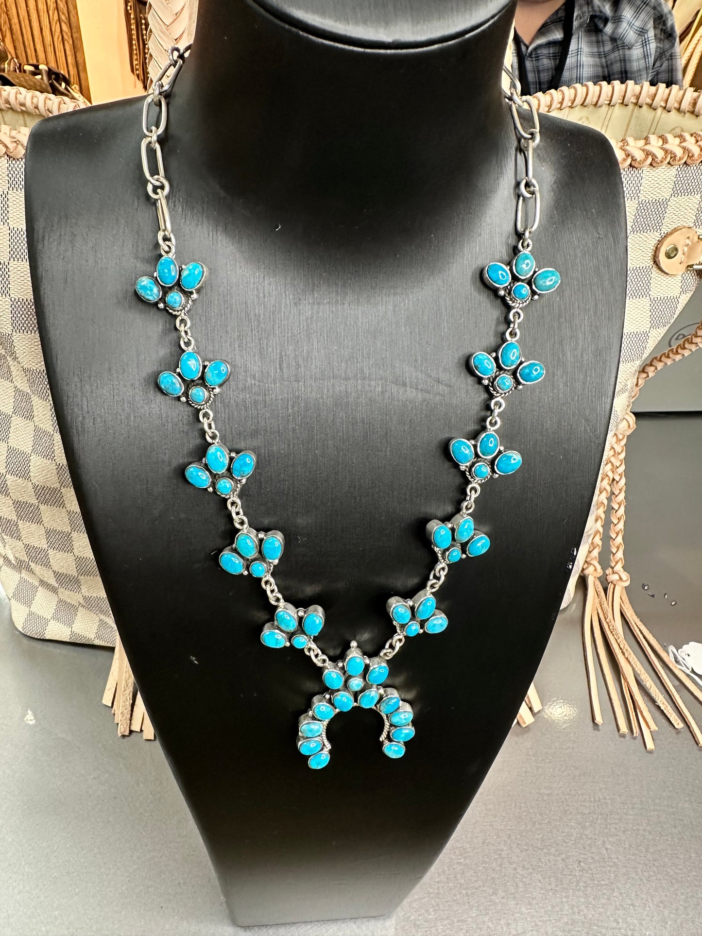 
                  
                    Navajo Handmade Kingman Turquoise Squash Blossom Necklace
                  
                