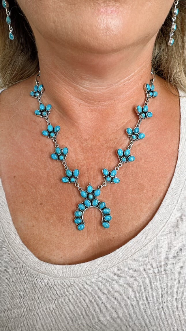 
                  
                    Navajo Handmade Kingman Turquoise Squash Blossom Necklace
                  
                