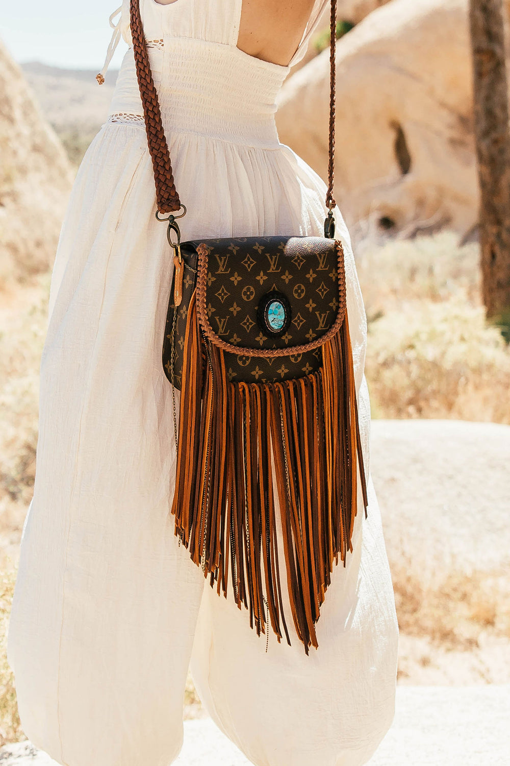 Turquoise Leather Bag with Fringes - Small & Round