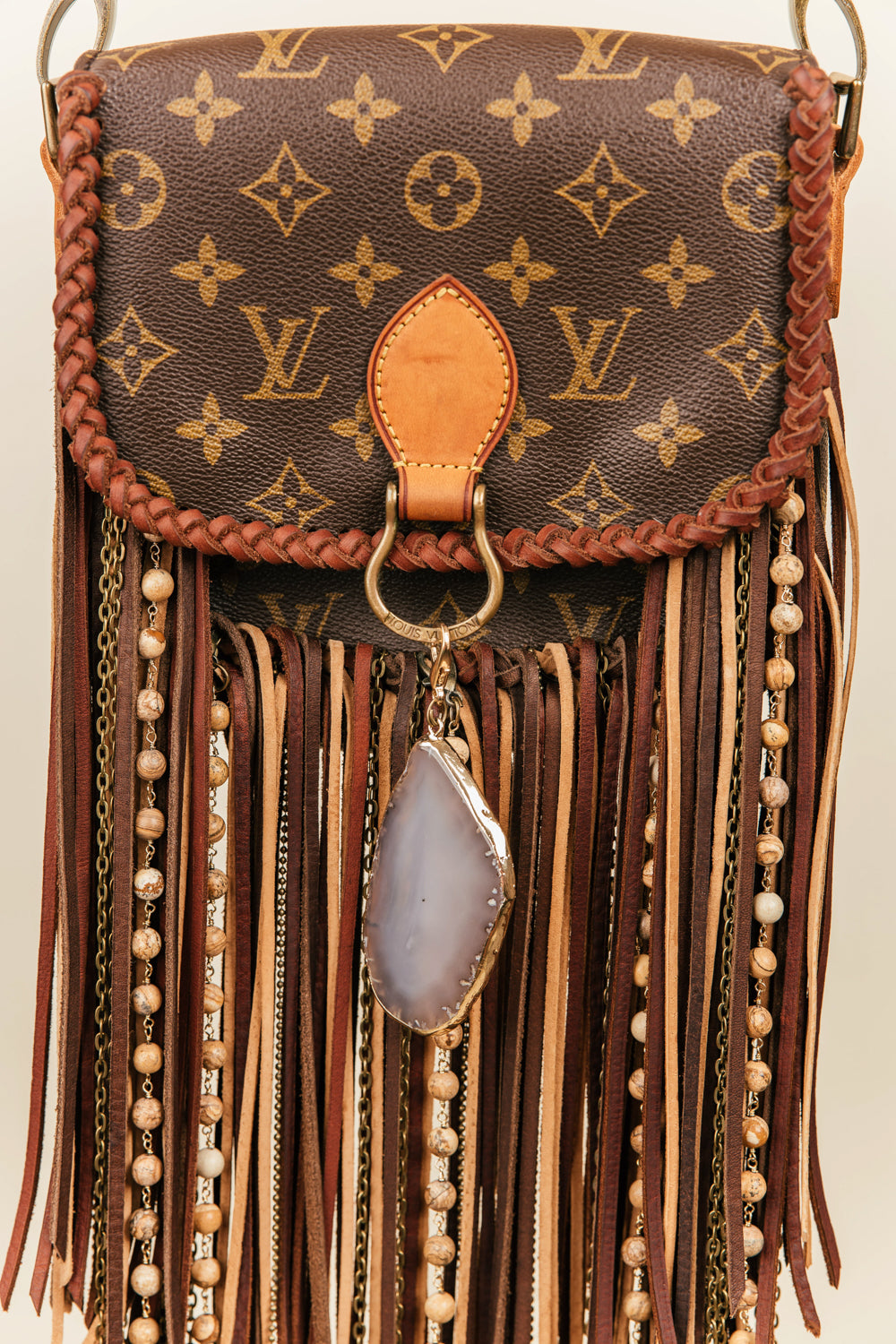 Louis Vuitton - Gold & Multicolored 'LV' Fringed Leather Bag Charm